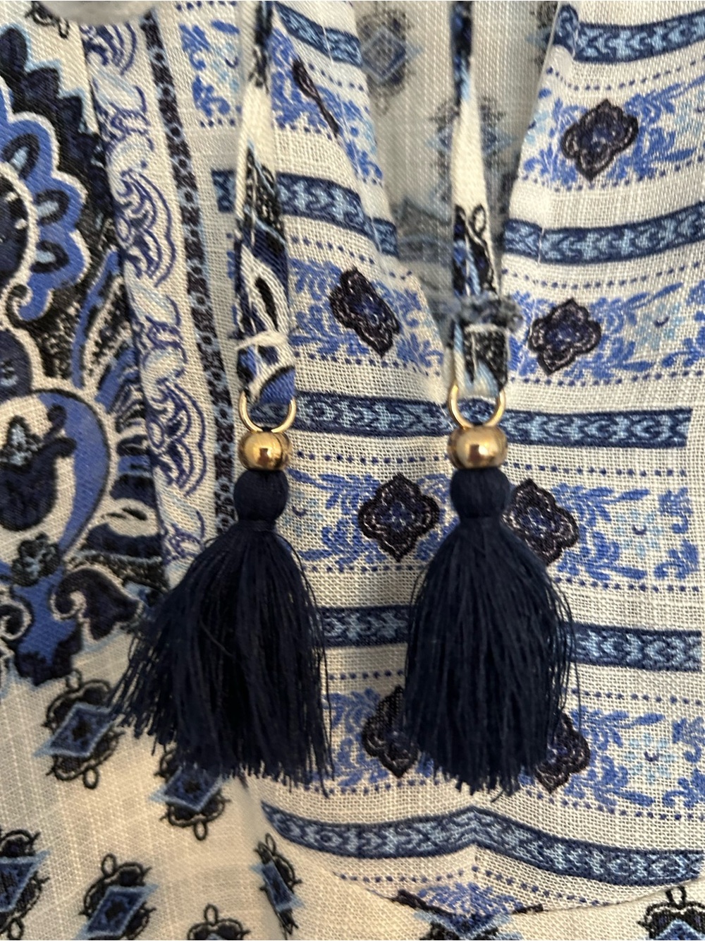 Zara Blue & White Floral Peasant Tunic with Tassel Tie Sz M - Picture 4 of 5